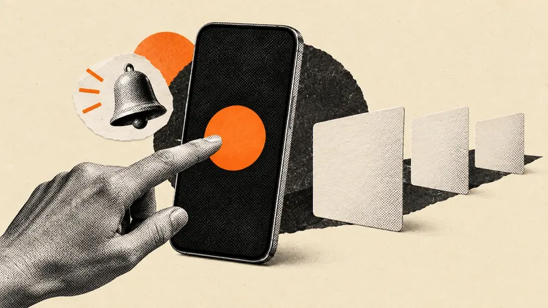 Ilustração editorial Glifo: mão tocando um botão em um celular, com sino e cartões sem escrita